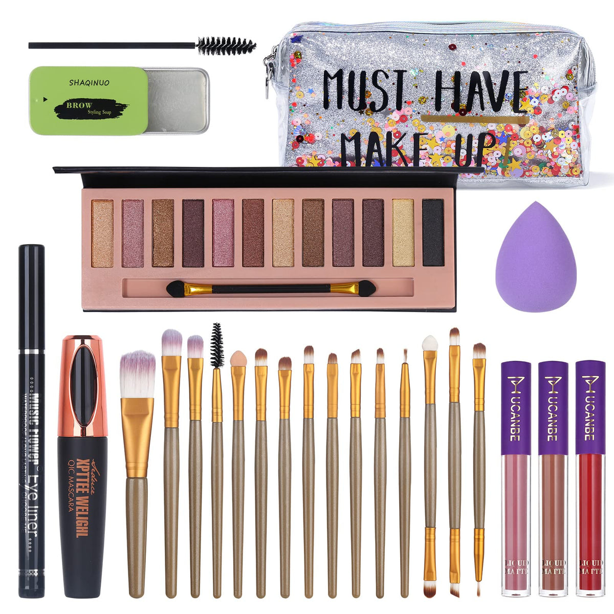 Qibest All-In-One Makeup Set - 12 Colors Eyeshadow, Mascara, Lipstick, Brushes & Makeup Bag