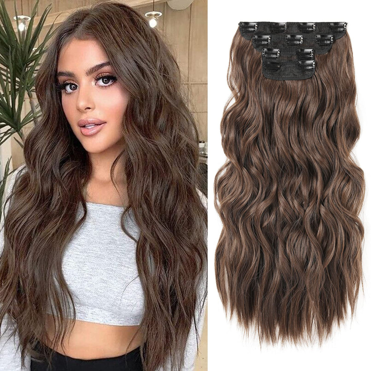 REECHO 4PCS Clip-in Hair Extensions 20&quot; Light Brown Synthetic Hair for Women