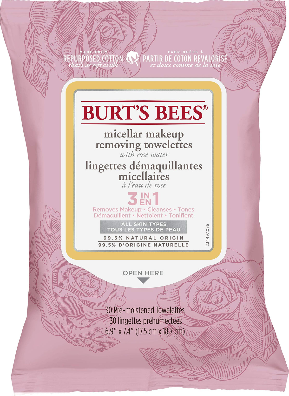 Burt'S Bees Rose Water Face Wipes, 30 Count Hydrating Makeup Remover Towelettes