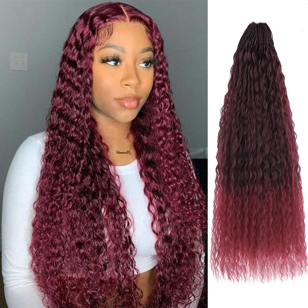 Zrq 24&quot; Pre Looped Micro Brazilian Braids - Curly Crochet Hair Extensions, Ombre Red, Synthetic