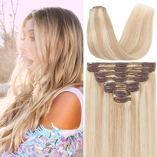 S-noilite 10&quot; Clip in Balayage Human Hair Extensions, Thick Double Weft, Ash/Bleach Blonde