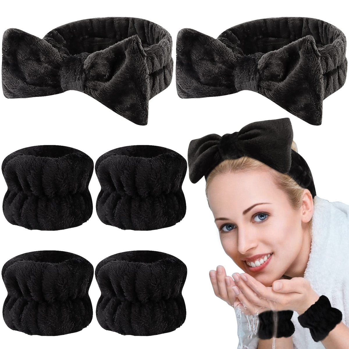 Casoty 6 Pcs Black Microfiber Spa Headband & Wristband Set For Face Wash & Makeup