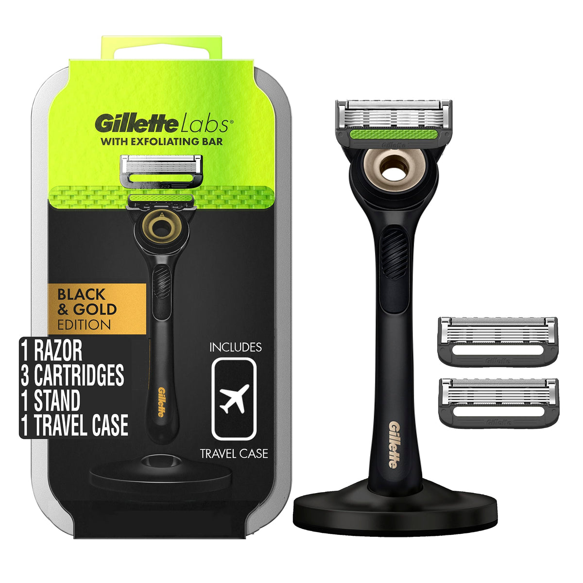 Gillettelabs Gold 5-Blade Razor With Exfoliating Bar, Travel Case & Stand, 3 Blade Refills