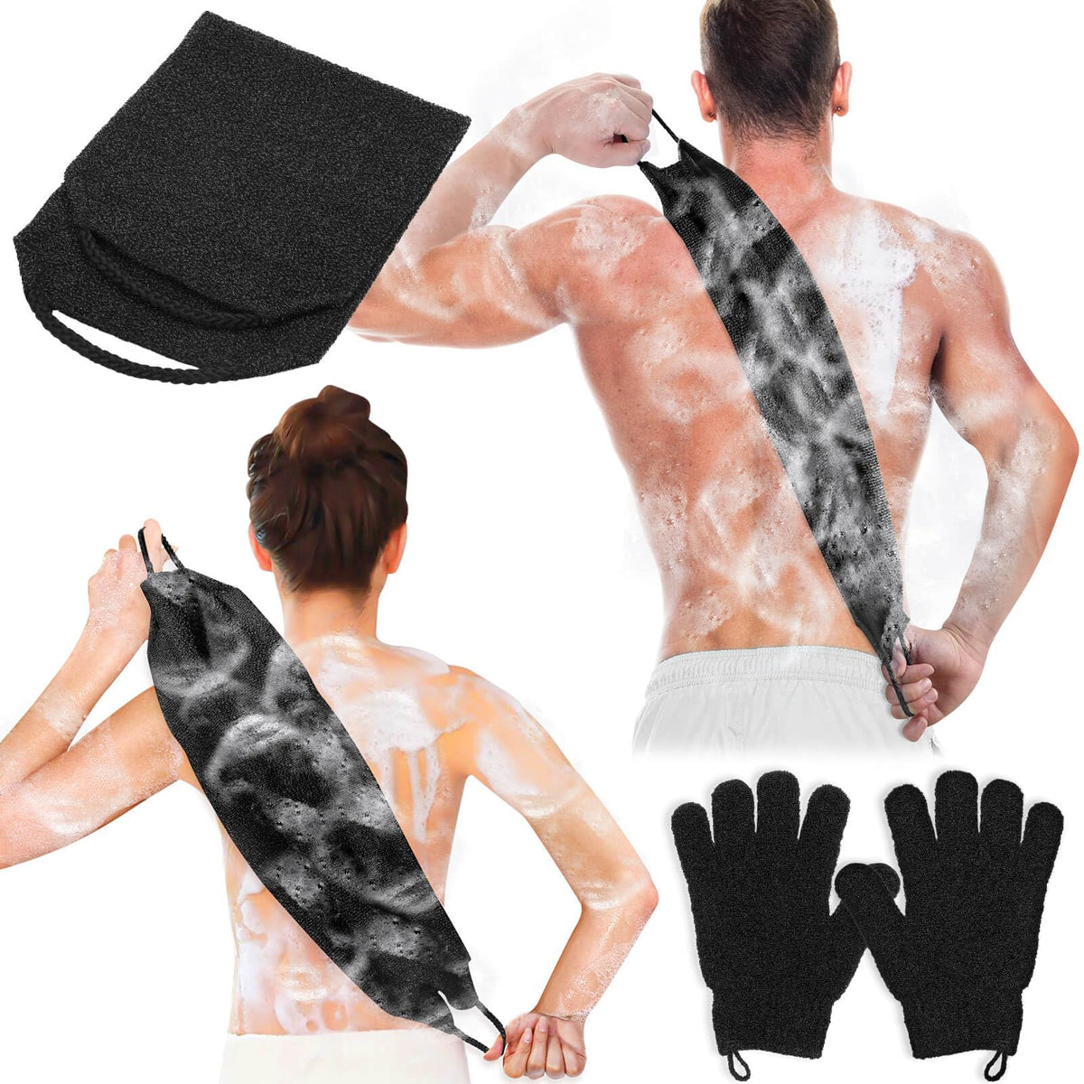 Anezus Exfoliating Back Scrubber Gloves Set - Black Body Wash Towel & Dead Skin Remover