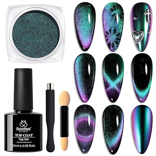 beetles Cat Eye Chrome Nail Powder Set - Holographic Metallic Mirror Effect, No Wipe Top Coat