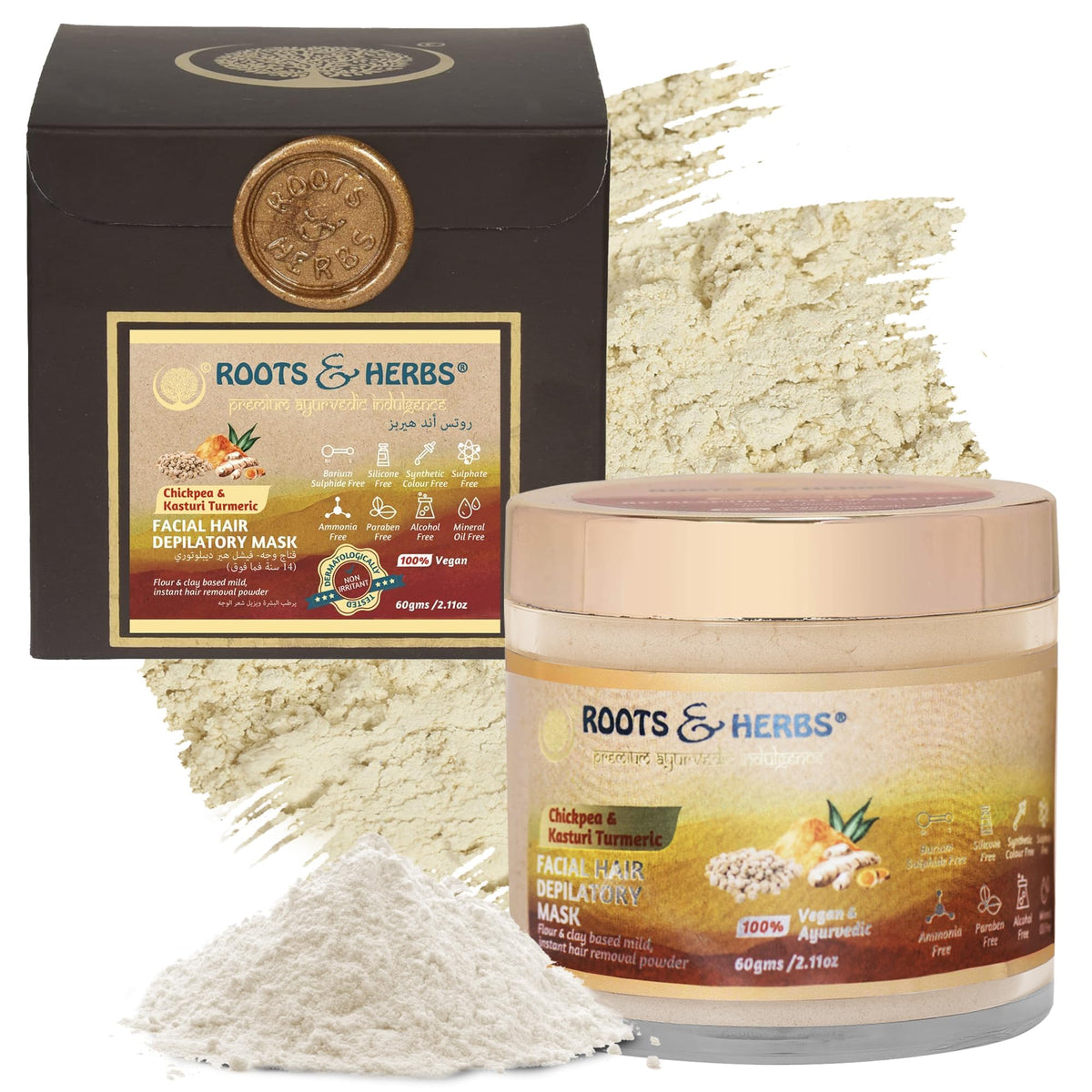 Roots And Herbs Chickpea & Kasturi Turmeric Hair Removal Powder For Men & Women, 2.11Oz