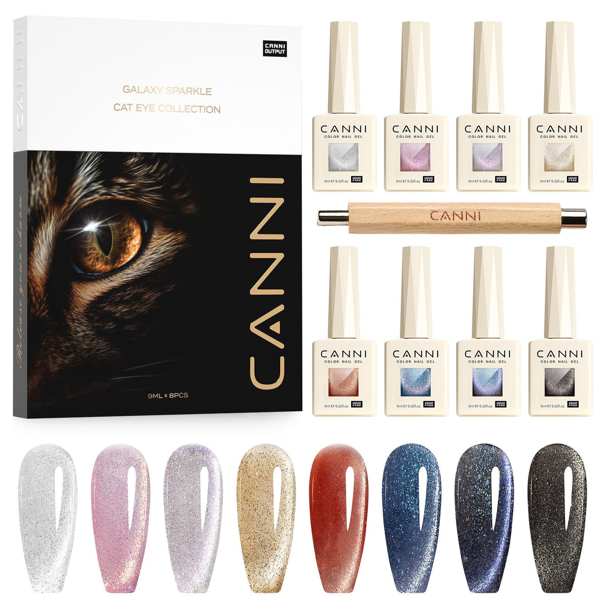 Canni 8 Pcs Cat Eye Gel Nail Polish Set - 9 Ml Shimmer Colors For Diy Nail Art & Manicure