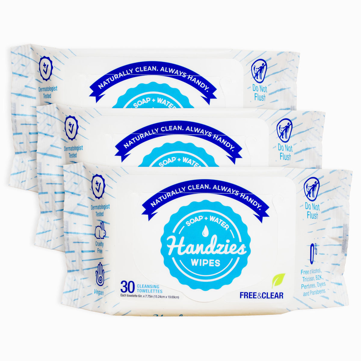 Handzies Alcohol-Free Natural Soap & Water Cleansing Towelettes, 90 Count, Pack Of 3