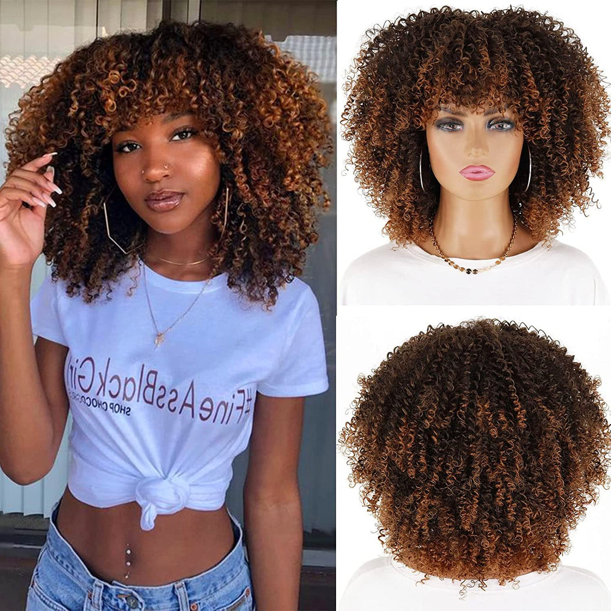 Linghang 14&quot; Ombre Brown Short Curly Afro Wig With Bangs For Black Women - Heat Resistant Synthetic Fiber