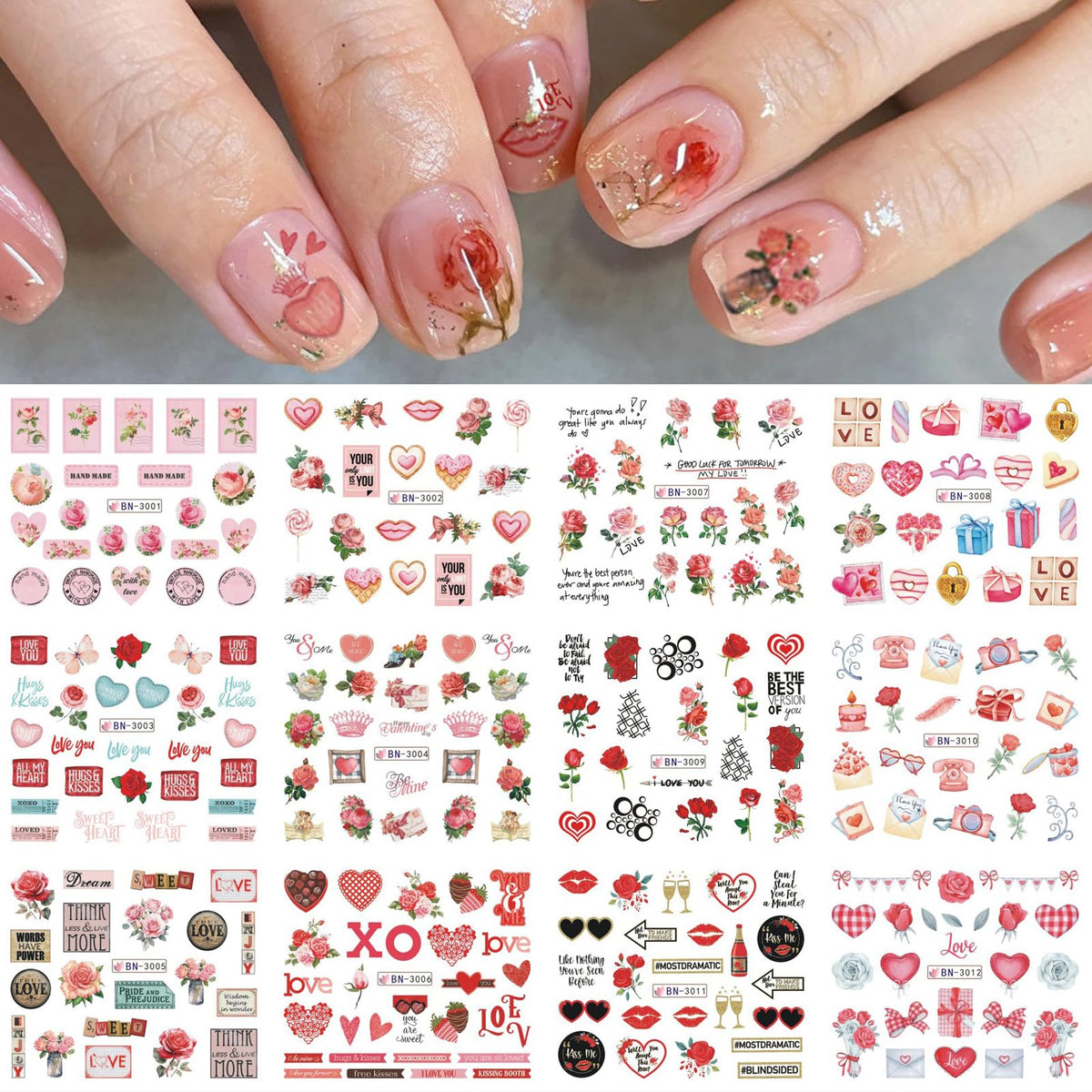 Mangoit 12Pcs Valentine'S Nail Stickers - Pink Flowers & Hearts Water Decals For Manicure