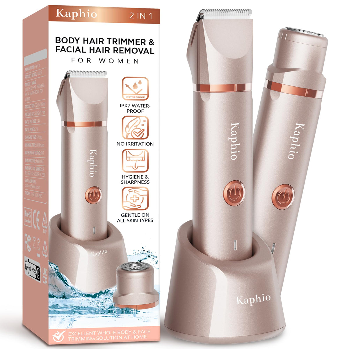 Kaphio 2-In-1 Electric Bikini Trimmer & Shaver - Ipx7 Waterproof, Rechargeable Hair Removal Kit