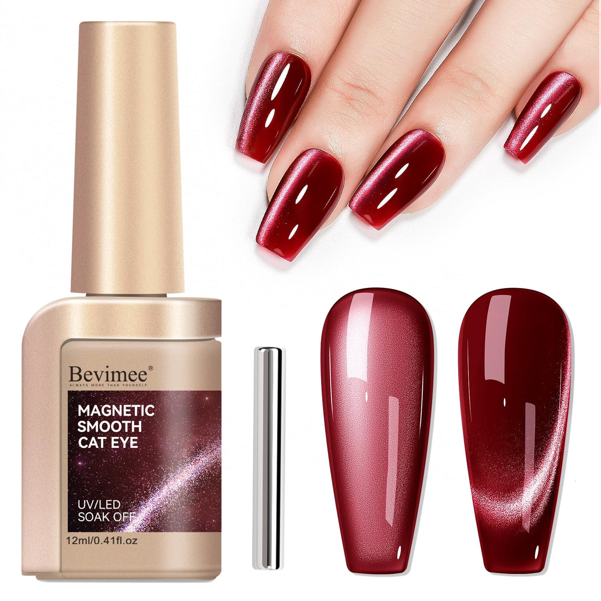 Bevimee Cat Eye Gel Nail Polish - Dark Red Glitter Magnetic Holographic Uv Velvet 12Ml