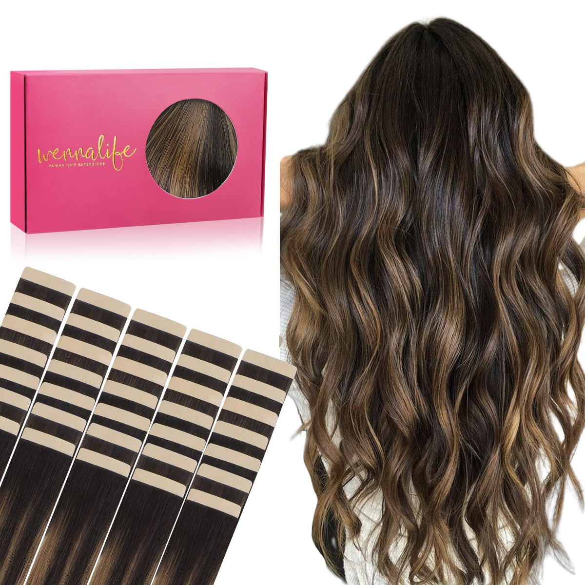 WENNALIFE 10 Inch Tape in Hair Extensions, 40pcs 60g Balayage Natural Black to Chestnut Brown