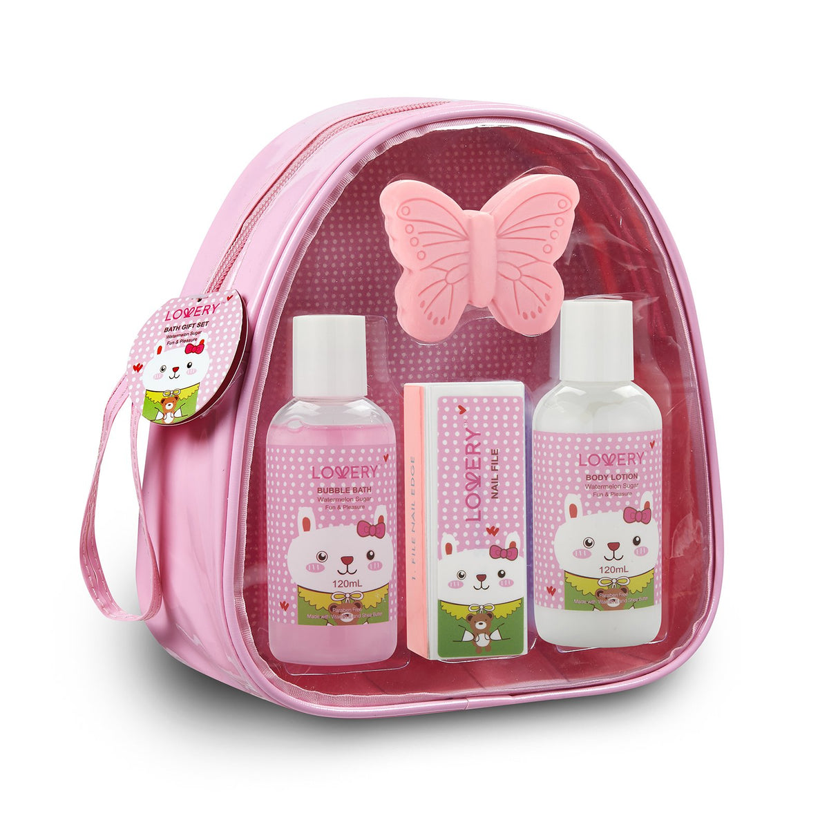 Lovery Kids Bubble Bath Spa Set - 5Pc Gift Bag With Watermelon Scent, Soap, Lotion & Nail File