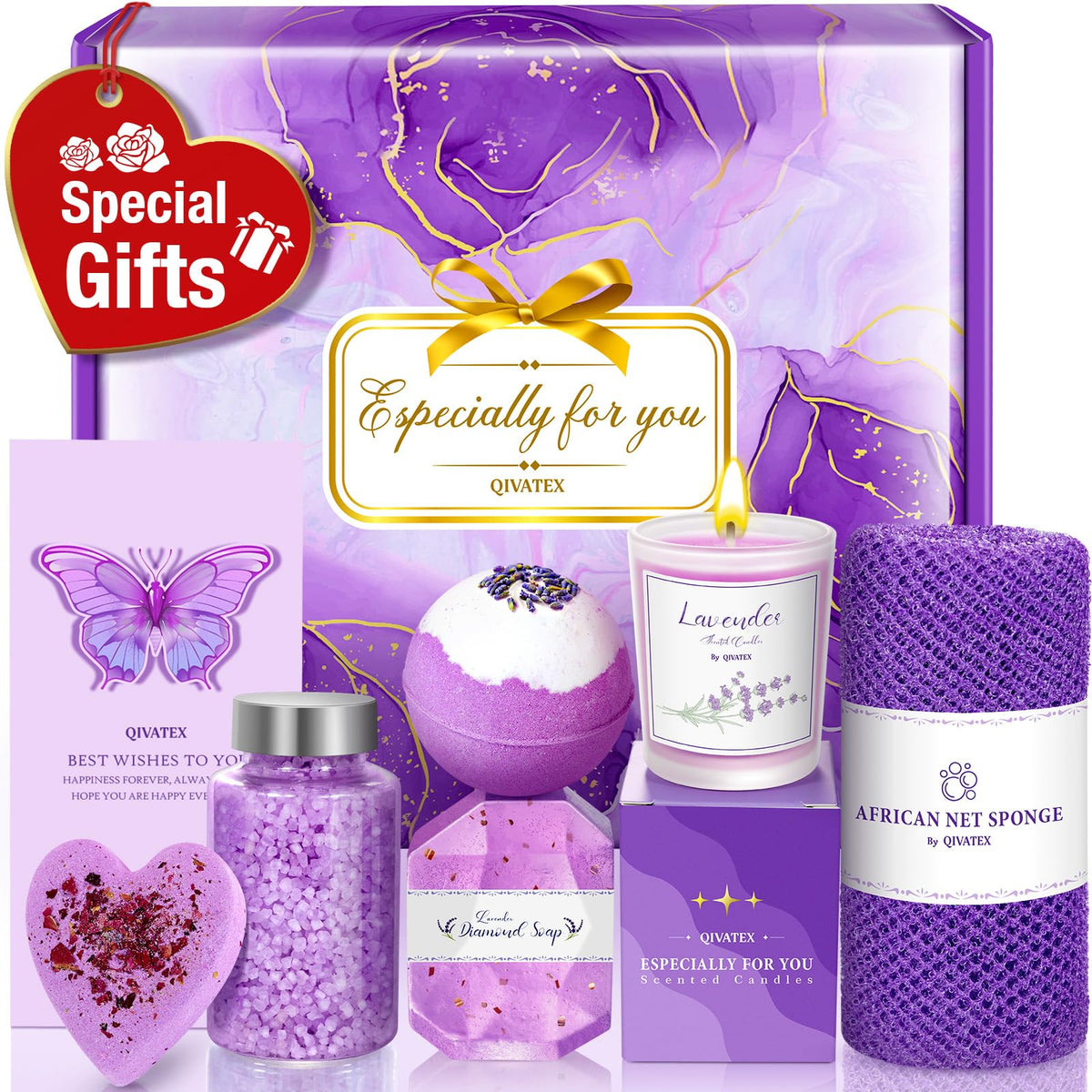 Qivatex Lavender Bath Spa Gift Basket Set - Relaxing Self Care Gifts For Her, 7 Bath Bombs