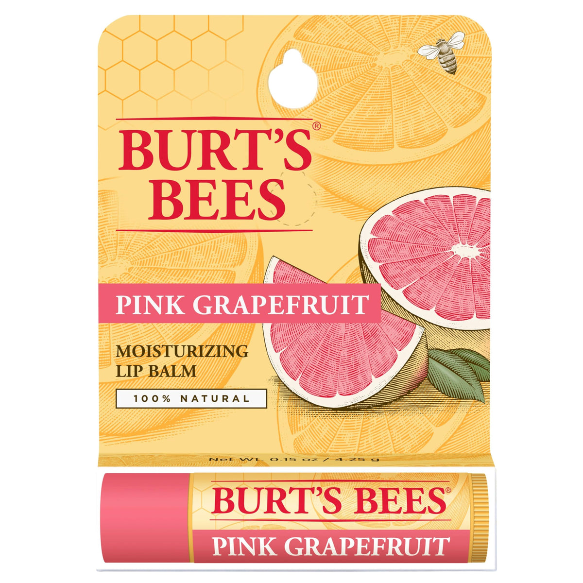 Burt'S Bees Natural Lip Balm, Pink Grapefruit, 0.15 Oz With Beeswax & Fruit Extracts