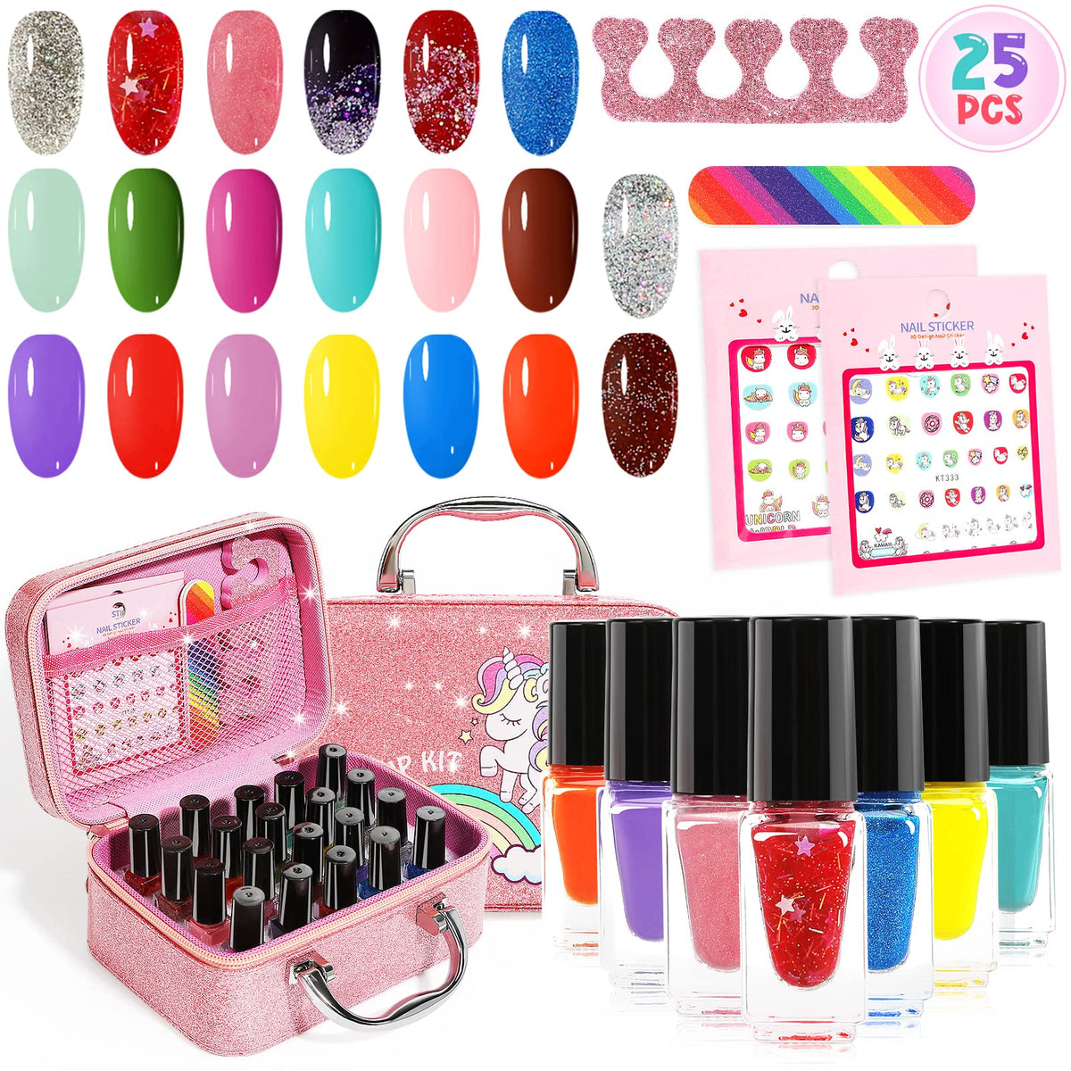 Oisacirg Kids Nail Polish Set, 25 Non-Toxic Peel-Off Colors, Glittery Birthday Gifts For Girls