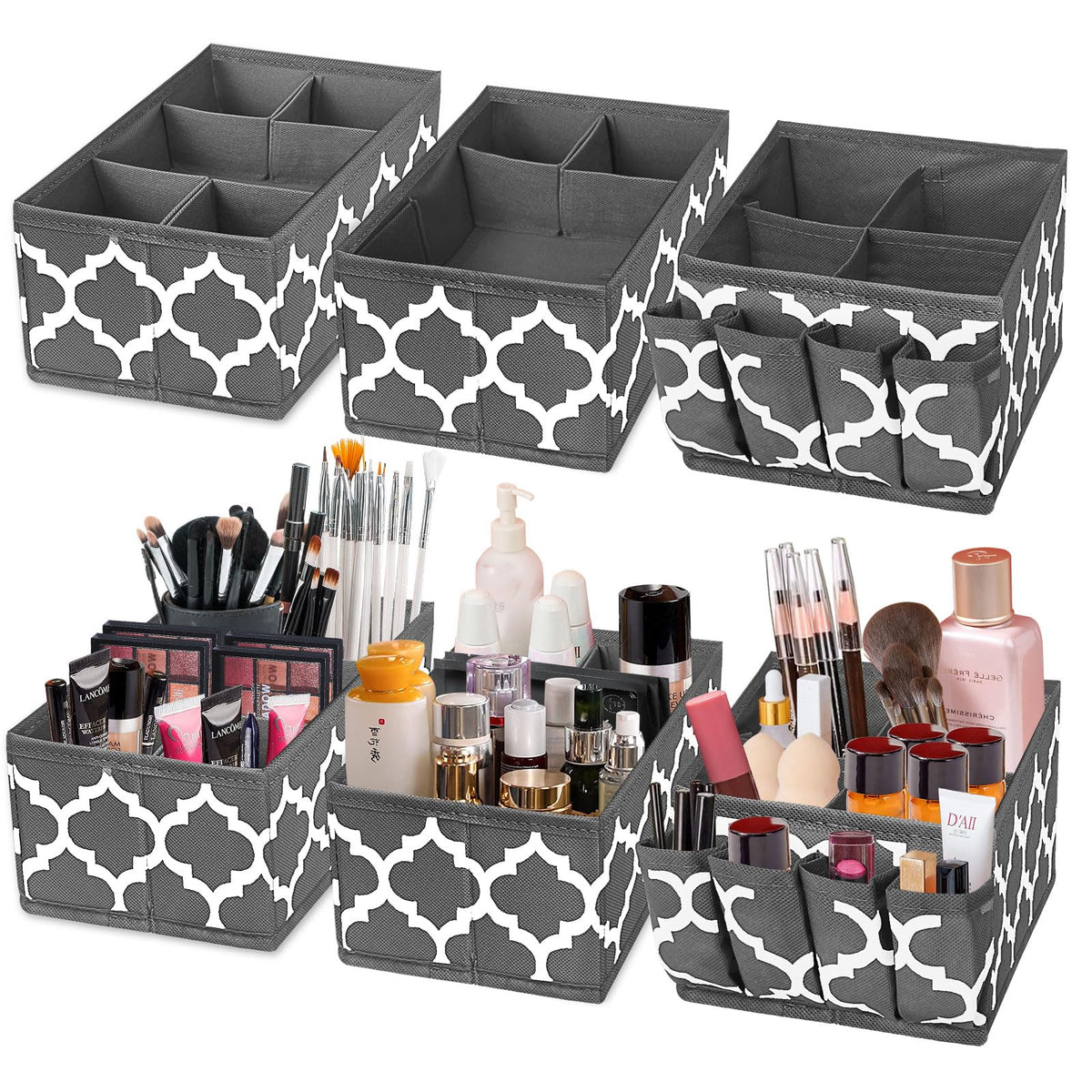 Homyfort Makeup Basket Organizer Set Of 6, Grey Fabric Cosmetic Storage For Vanity & Office