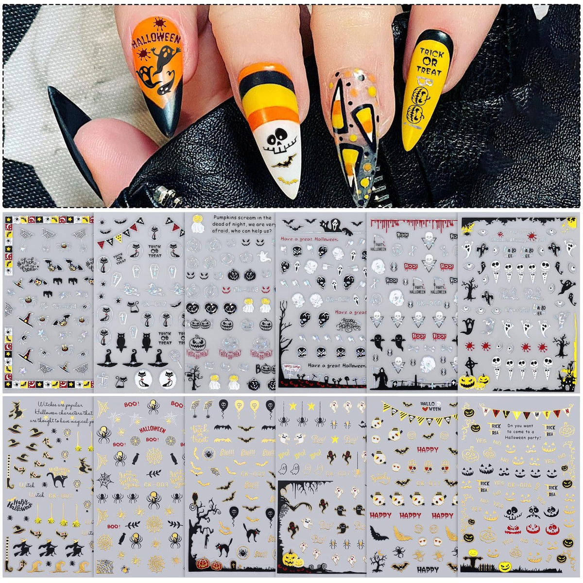 Kalolary 12 Sheets Halloween Nail Art Stickers, 3D Pumpkin Witch Skeleton Decals, Diy Designs