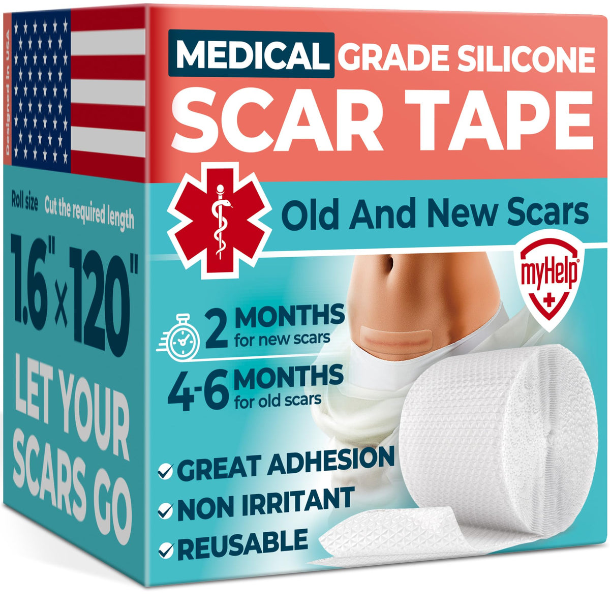 Myhelp Medical Grade Silicone Scar Tape - Clear, 1.6&quot;X120&quot;, Reusable For Surgical & Keloid Scars