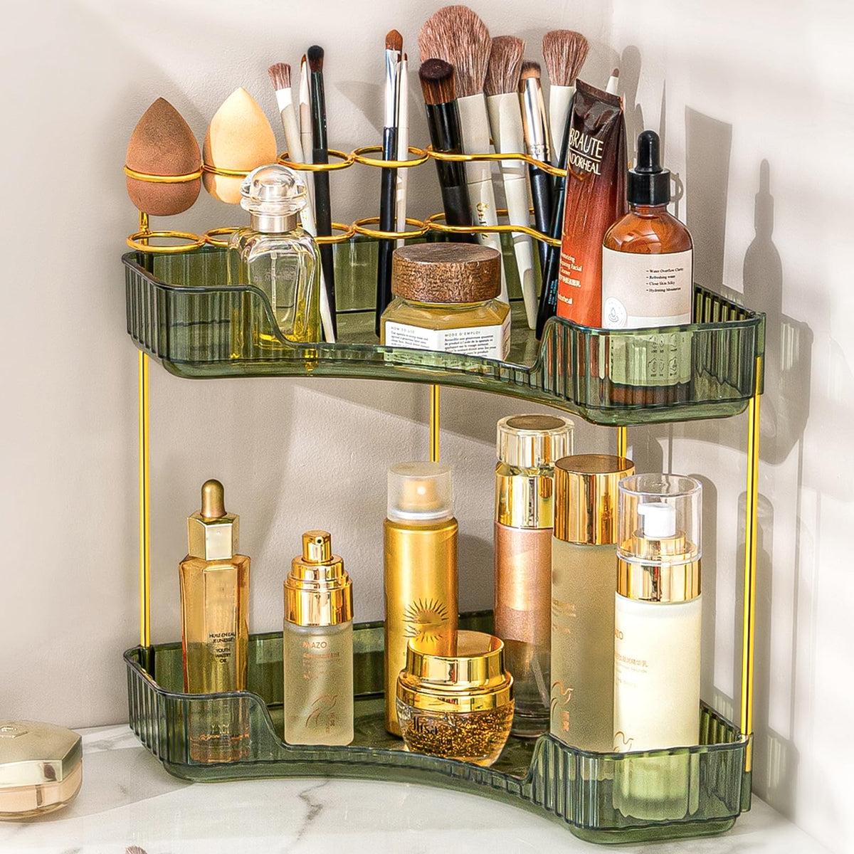 Nature'S Source 2-Tier Green Makeup Organizer - Corner Bathroom Storage With Brush Holder