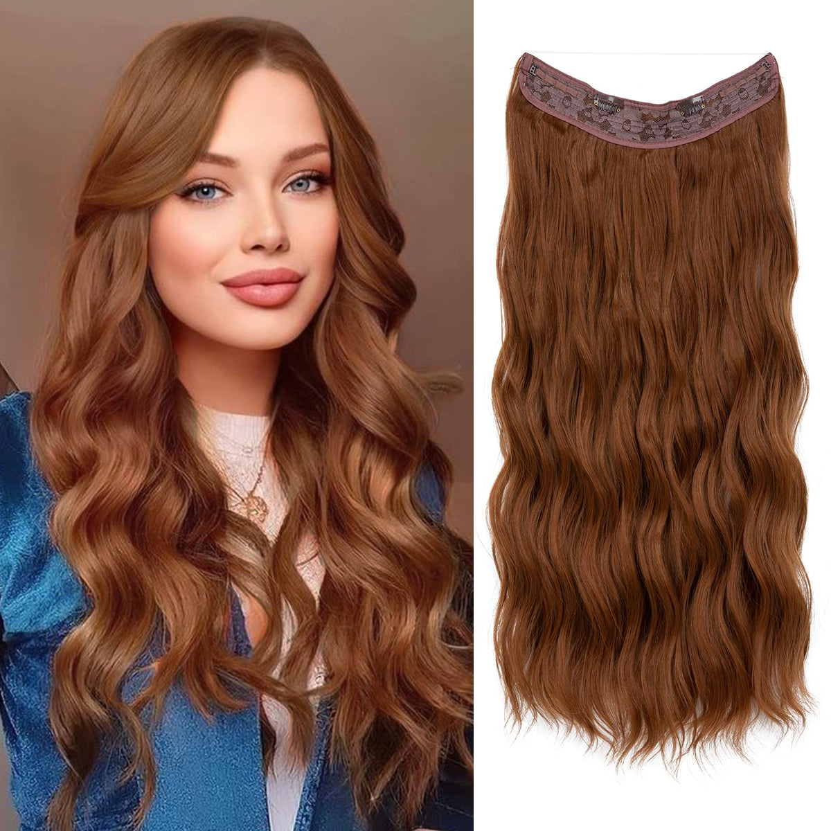 SARLA 24&quot; Invisible Wire Hair Extension Clips - Light Auburn Beach Wave Synthetic Hairpiece