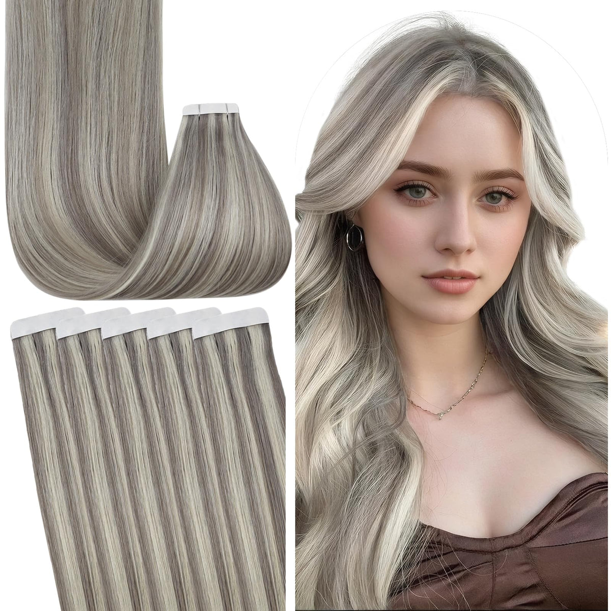 Fshine Ombre Tape In Human Hair Extensions 12 Inch 30G Ash Blonde & Bleach Blonde 20Pcs