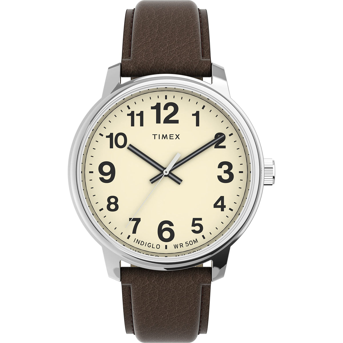 Timex Men'S Easy Reader Bold 43Mm Silver-Tone Watch With Cream Dial & Brown Leather Strap