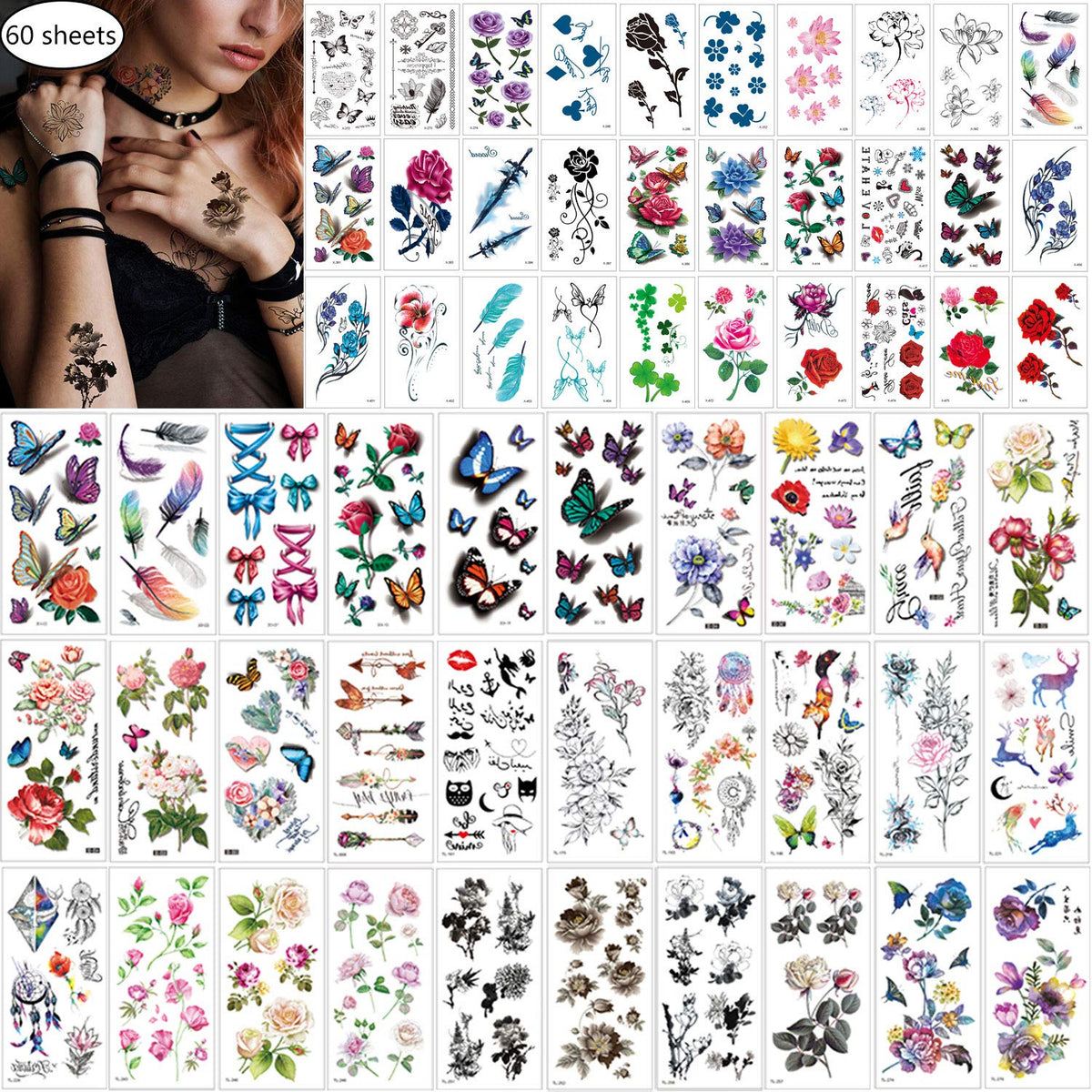 Pinone 60 Sheets Waterproof Butterfly Flower Temporary Tattoos For Women - Multiple Designs