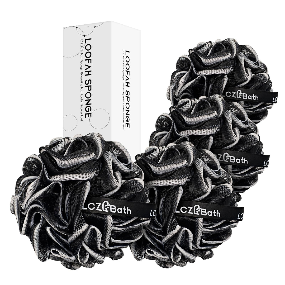 Lczlbath Large Black Loofah Set - 4 Count Soft Bath Sponge For Body Scrubbing And Exfoliating