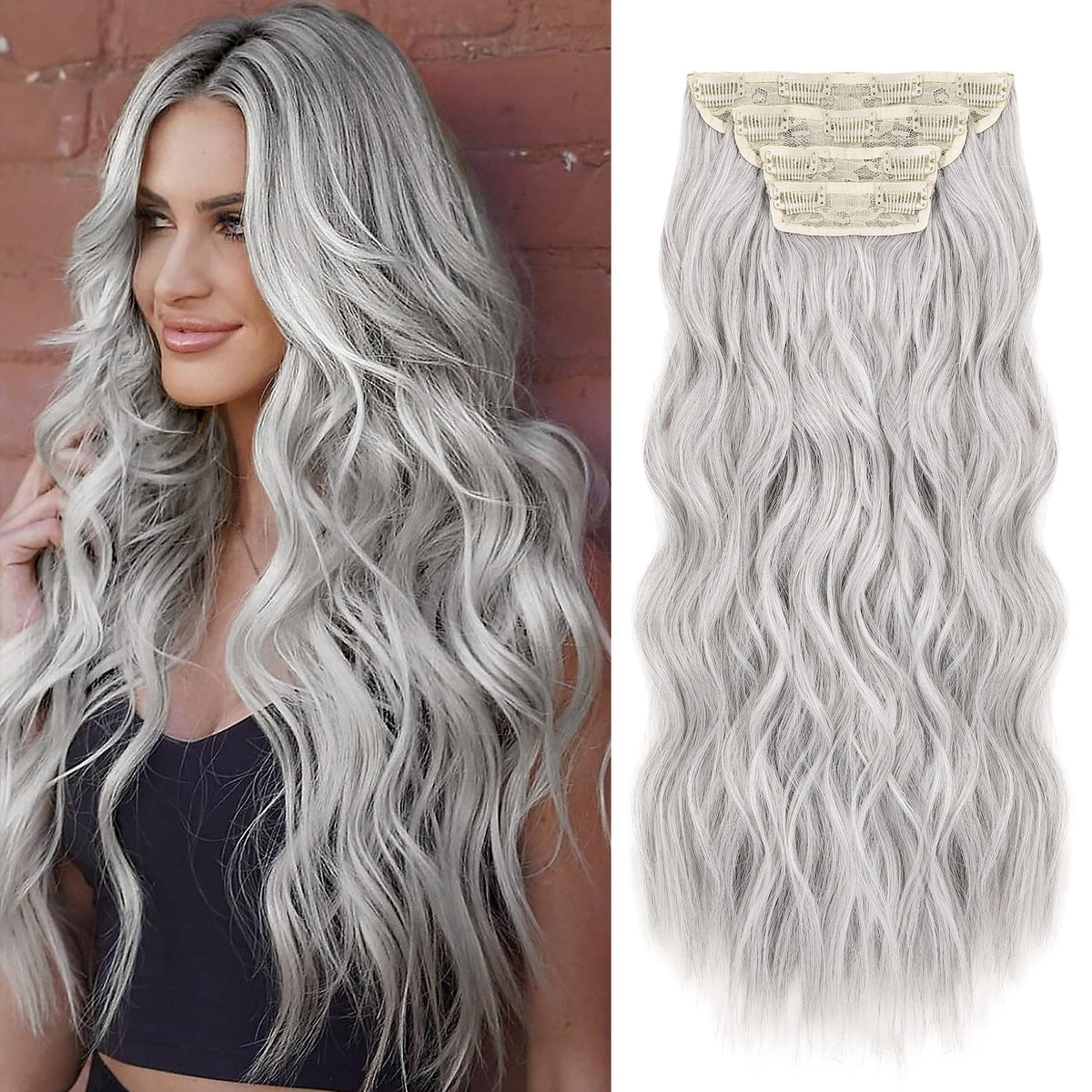 REECHO 20 Inch Grey Clip-in Hair Extensions, 4PCS Soft Synthetic Hairpieces for Women