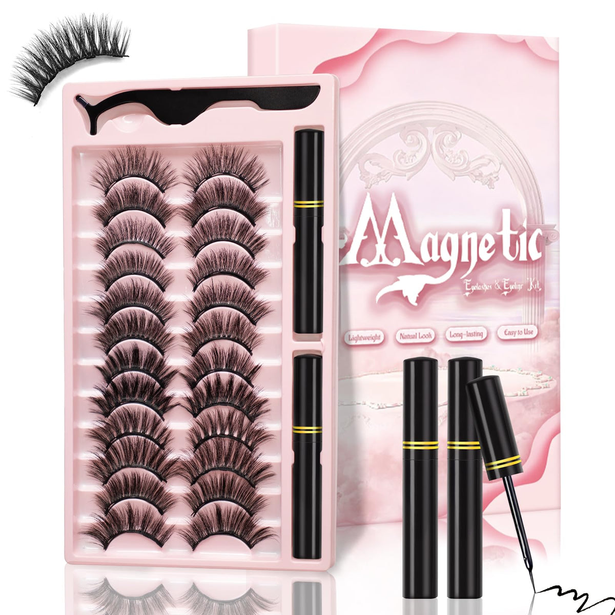 Ymojia Magnetic Eyelashes & Eyeliner Kit, 12 Pairs 3D Faux Mink, Reusable, Easy Apply