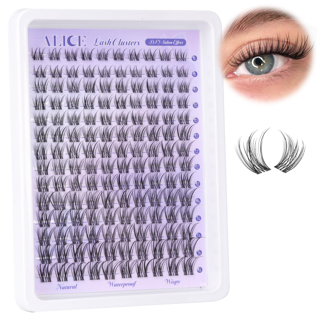 Alice Waterproof Lash Clusters - Natural 8-16Mm Eyelash Extensions, Invisible Band, Wispy Lashes