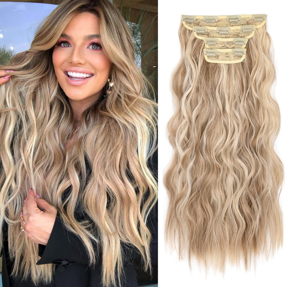 REECHO 4PCS Clip in Hair Extensions, 20&quot; Medium Blonde with Highlights, Synthetic Hairpieces