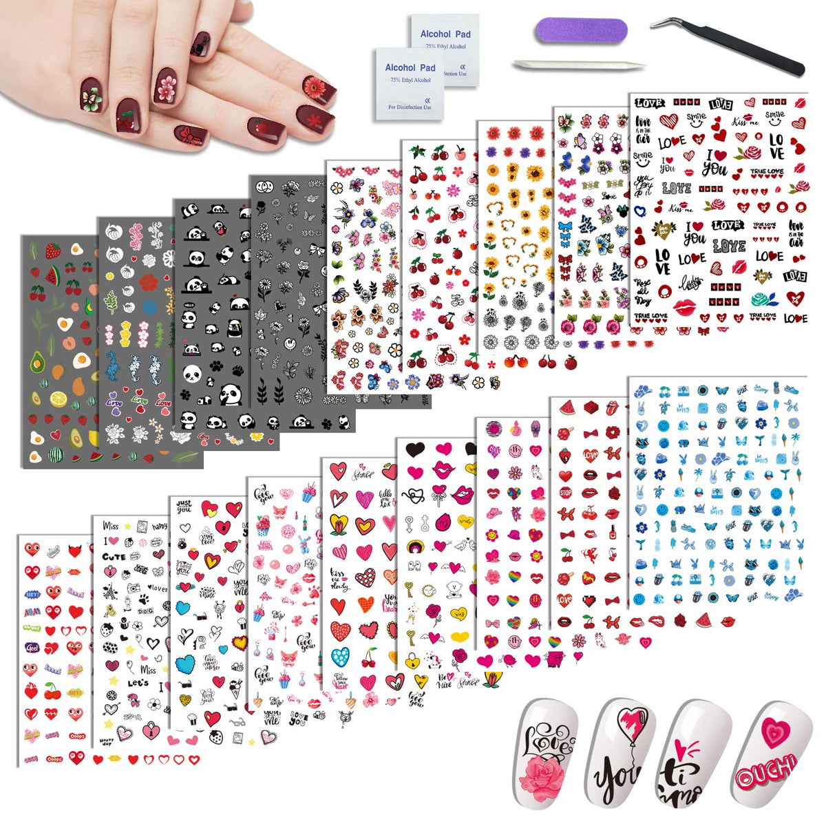 Basifa 18 Sheets Nail Art Stickers - Panda, Lips, Sunflower & Heart Designs With Tweezers