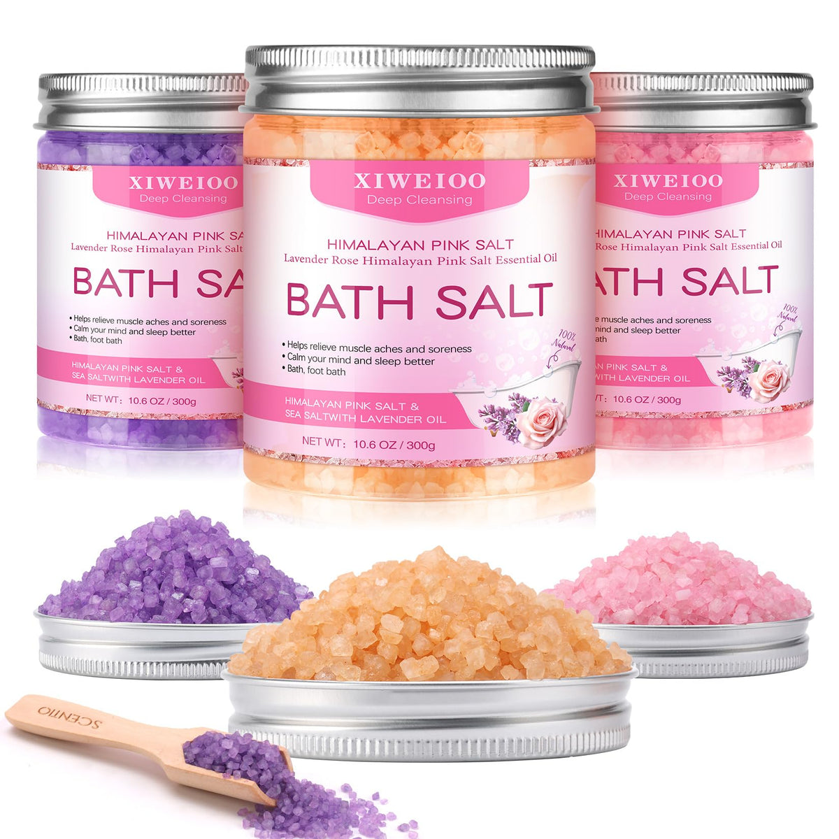 Xiweioo Himalayan Pink Bath Salts Set - Lavender, Orange, Rose Scent - Gift For Women, Moms