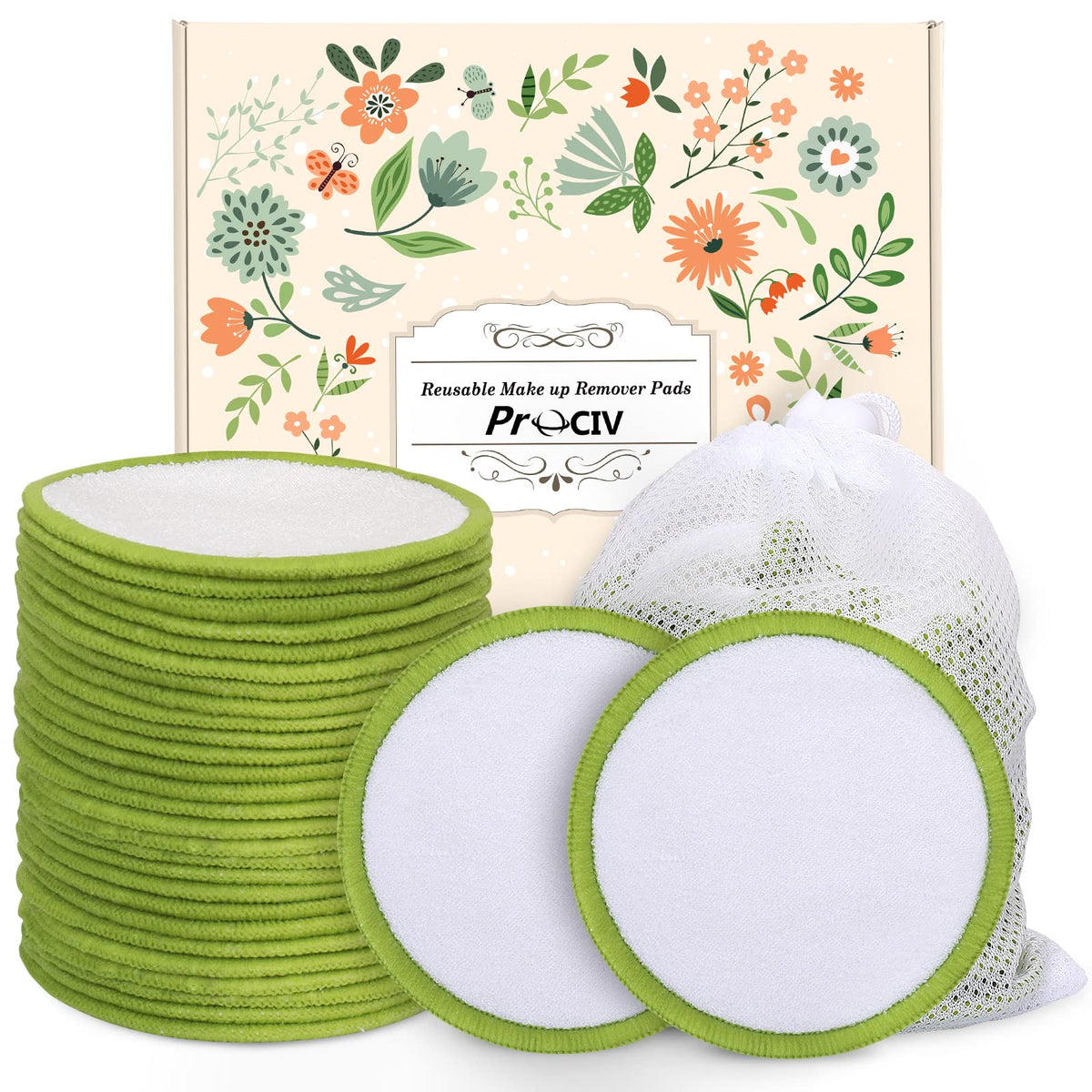 Prociv Reusable Makeup Remover Cotton Pads - Organic Bamboo, Washable, Eco-Friendly, 20 Packs, Green