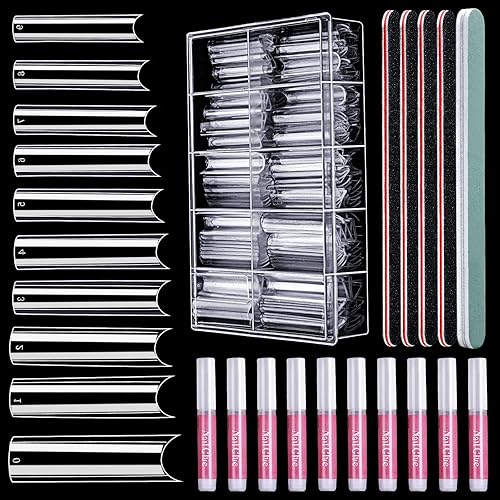 HNYYZL Extra Long Clear ABS Nail Tips Kit, 240Pcs with C Curve, Glue & File for DIY Salon