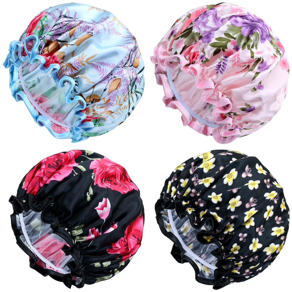 Lawie Waterproof Satin Shower Caps - 4 Pack Adjustable Hair Bonnets For Women & Girls