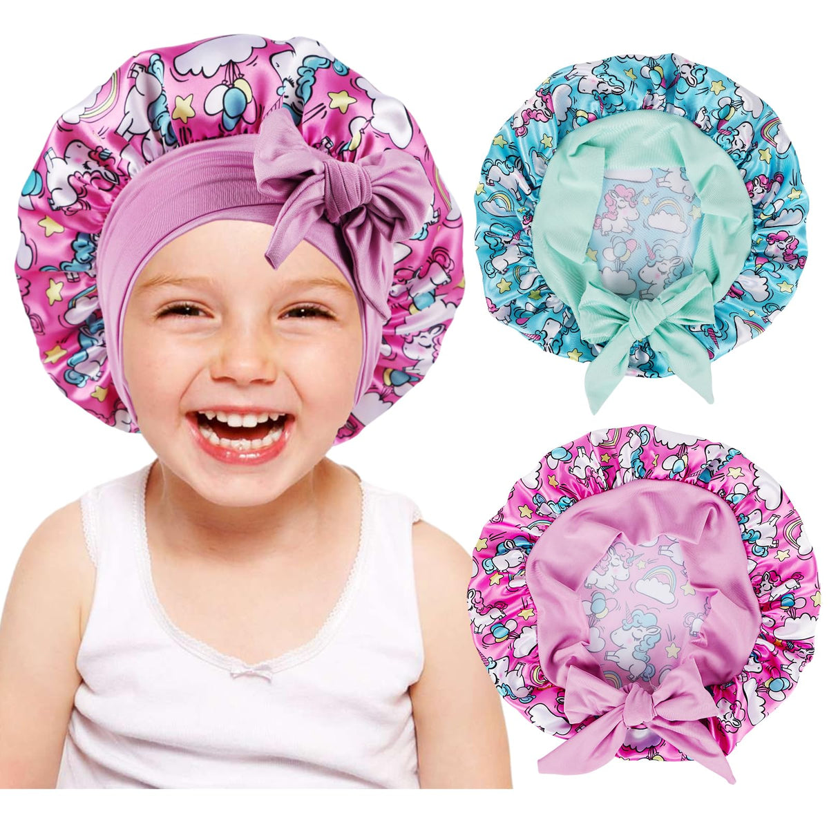 Himoswis 2 Pcs Kids Silk Bonnets For Girls - Toddler Sleeping & Shower Bonnet, F-Unicorn Pink/Blue