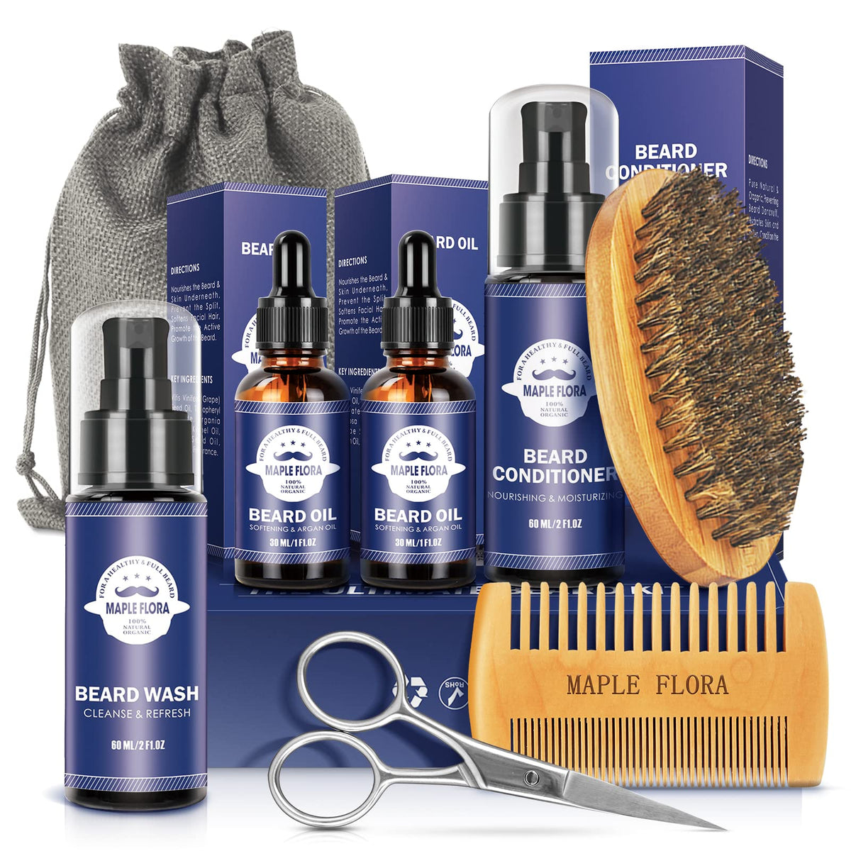 Maple Flora Beard Care Kit - Conditioner, 2 Beard Oils, Wash, Brush, Comb & Scissors - Gift Set