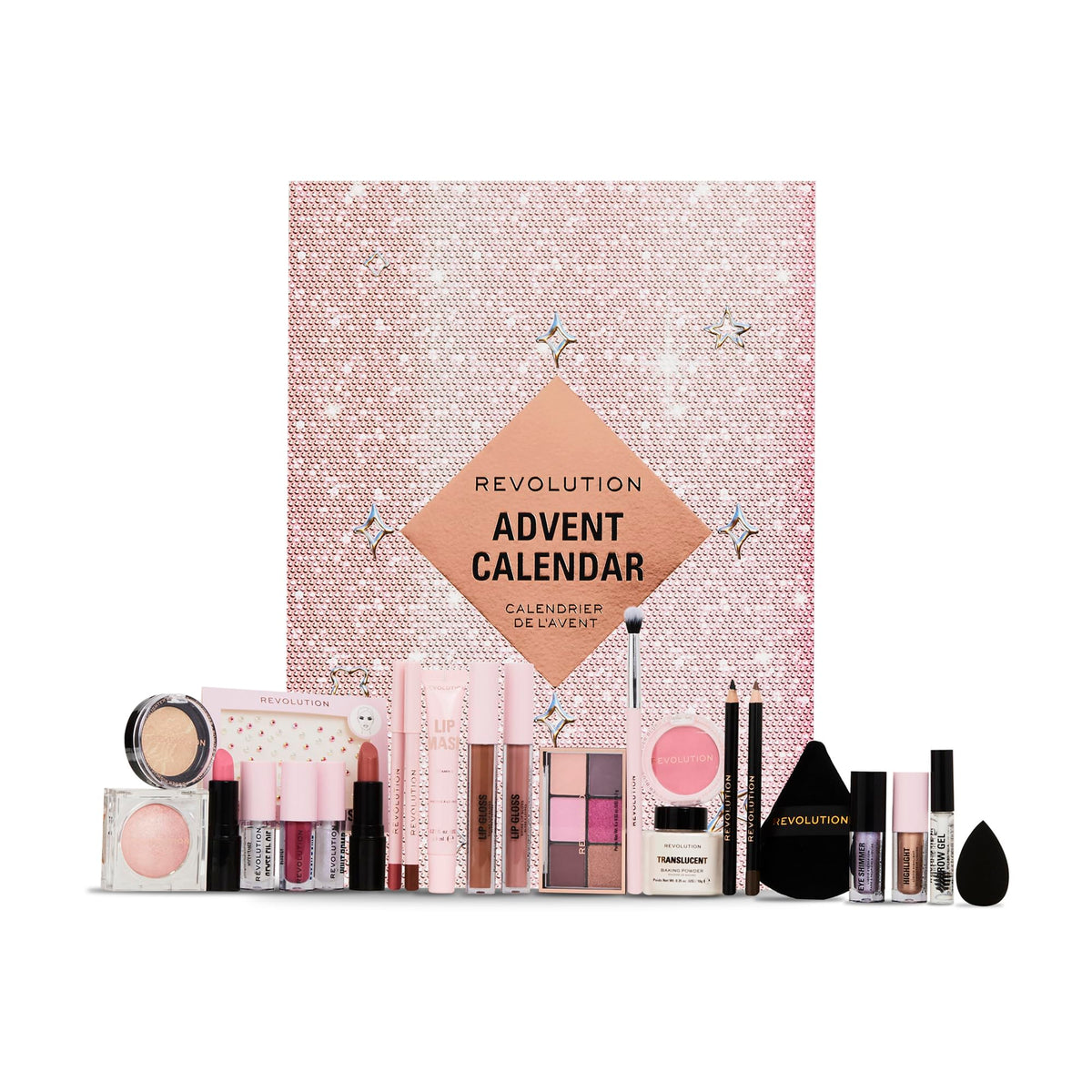 Revolution Beauty 24-Piece Vegan Holiday Advent Calendar Makeup Gift Set With Lip Gloss & Brushes