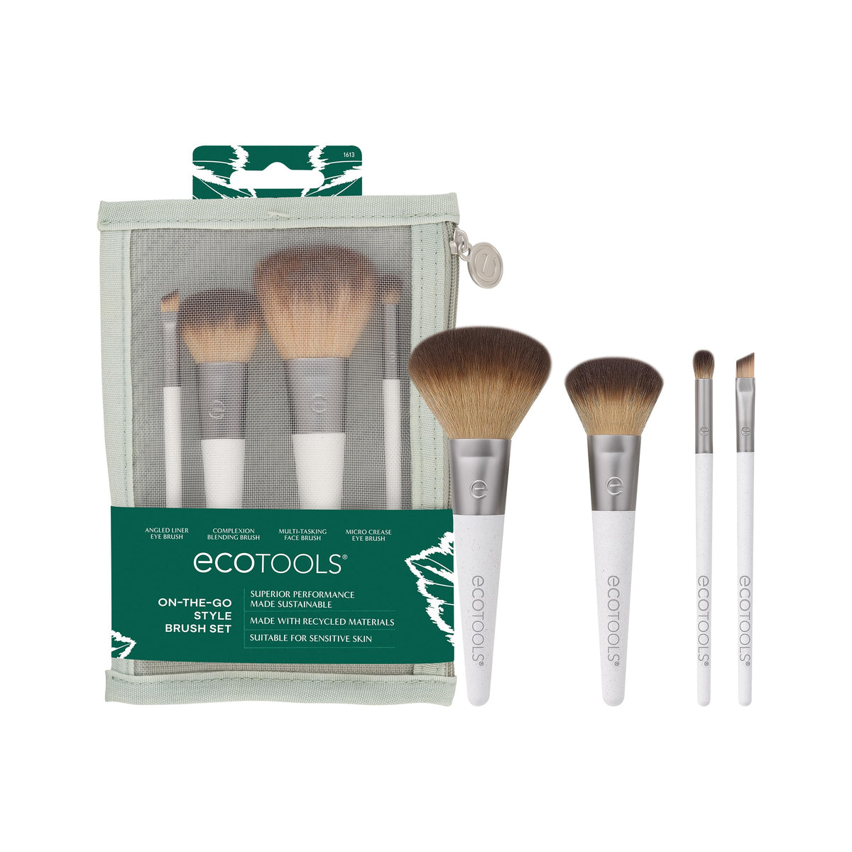 EcoTools Travel Makeup Brush Kit - Eco-Friendly, Mini Brushes for Powders & Eyeshadows, 5 Piece Set