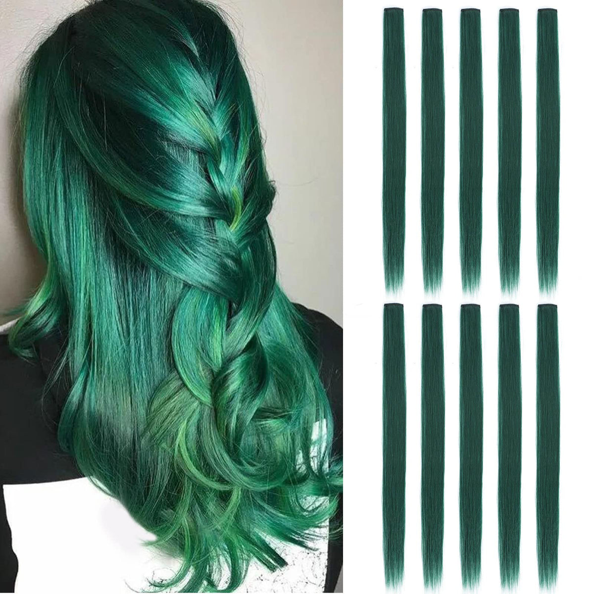 Sleekcute Polaris Green Clip-In Hair Extensions, 22 Inch, 10 Pcs For Party & Cosplay