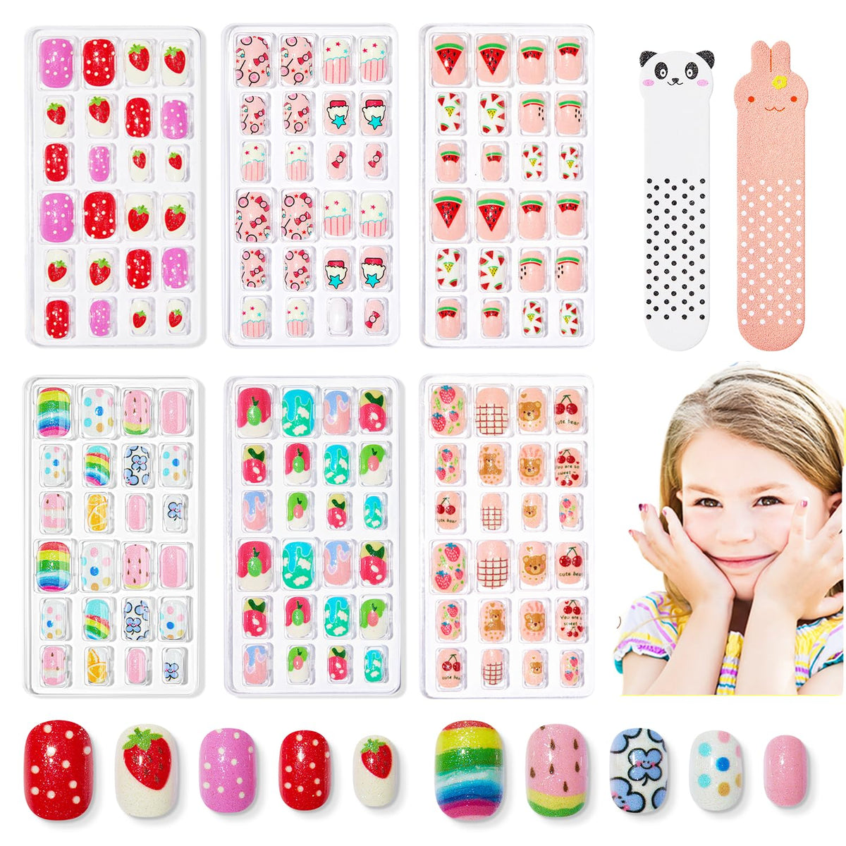 Modelones Kids Press on Nails 144Pcs Acrylic Glitter Ice-Cream Fruit Short False Nail Art Set