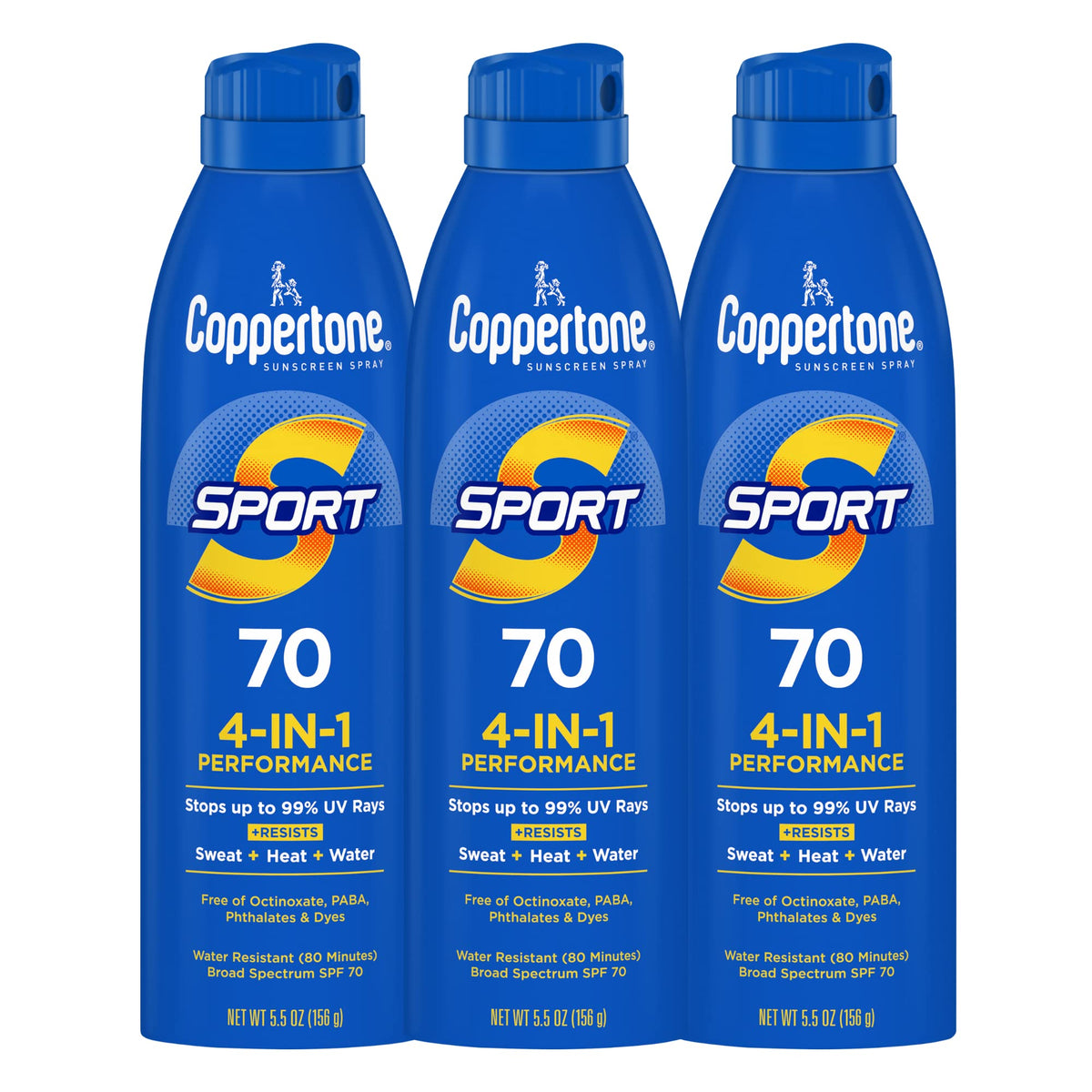 Coppertone Sport Sunscreen Spray Spf 70, Water Resistant, 5.5 Oz, Pack Of 3