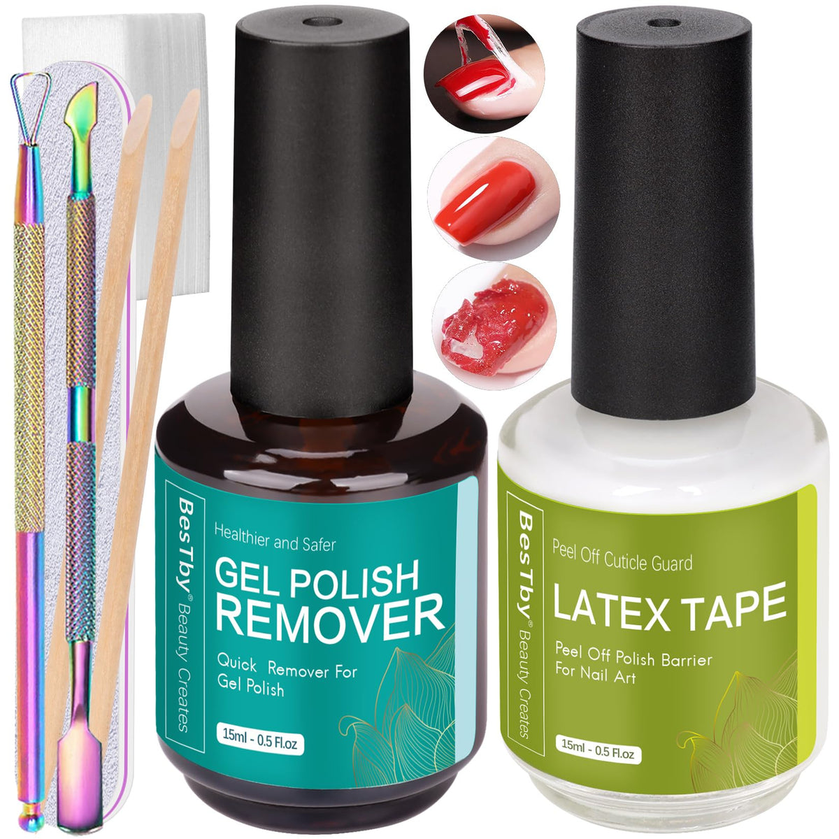 Bestby Gel Nail Polish Remover Kit, Quick Gel Polish Remover & Liquid Latex Tape, 7 Piece Set