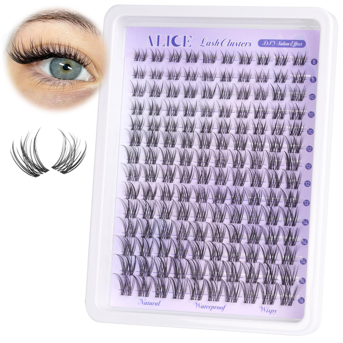 Alice Waterproof Lash Clusters 8-16Mm, Invisible Band, Wispy Individual Eyelash Extensions, Black