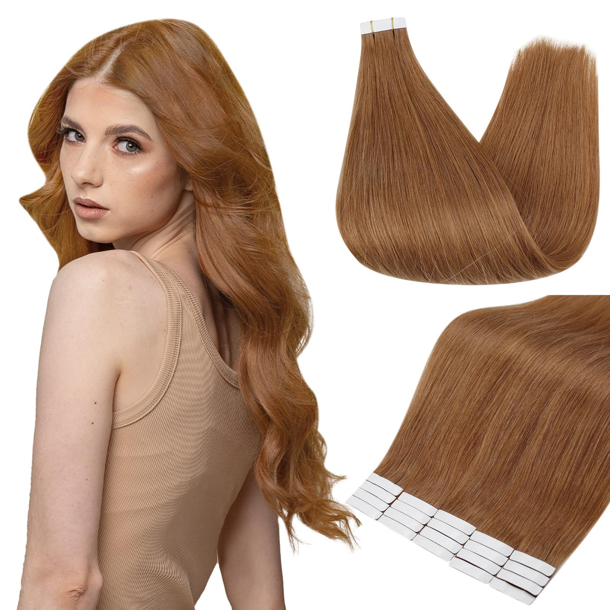 Fshine 18&quot; Tape In Hair Extensions - Full Shine Invisible Human Hair #330 Auburn, 20Pcs