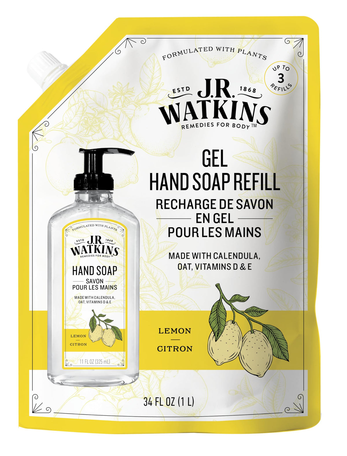 J.R. Watkins Liquid Hand Soap Refill, Lemon Scent, 34 Fl Oz - Pack Of 1